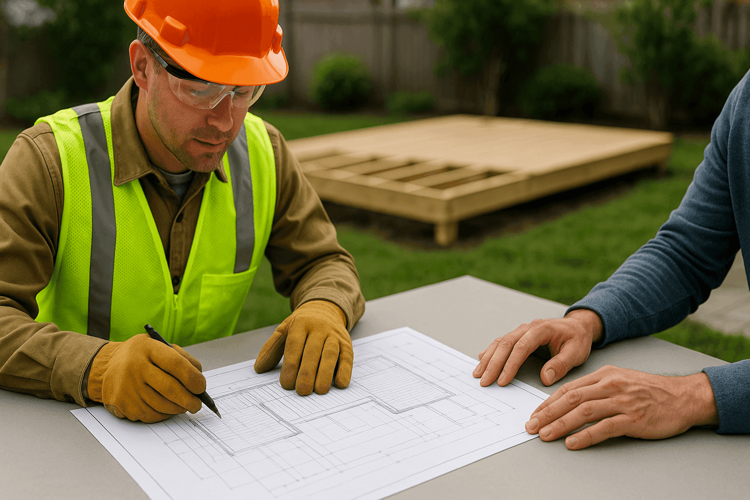 Propietario y contratista revisando planos de terraza en una mesa