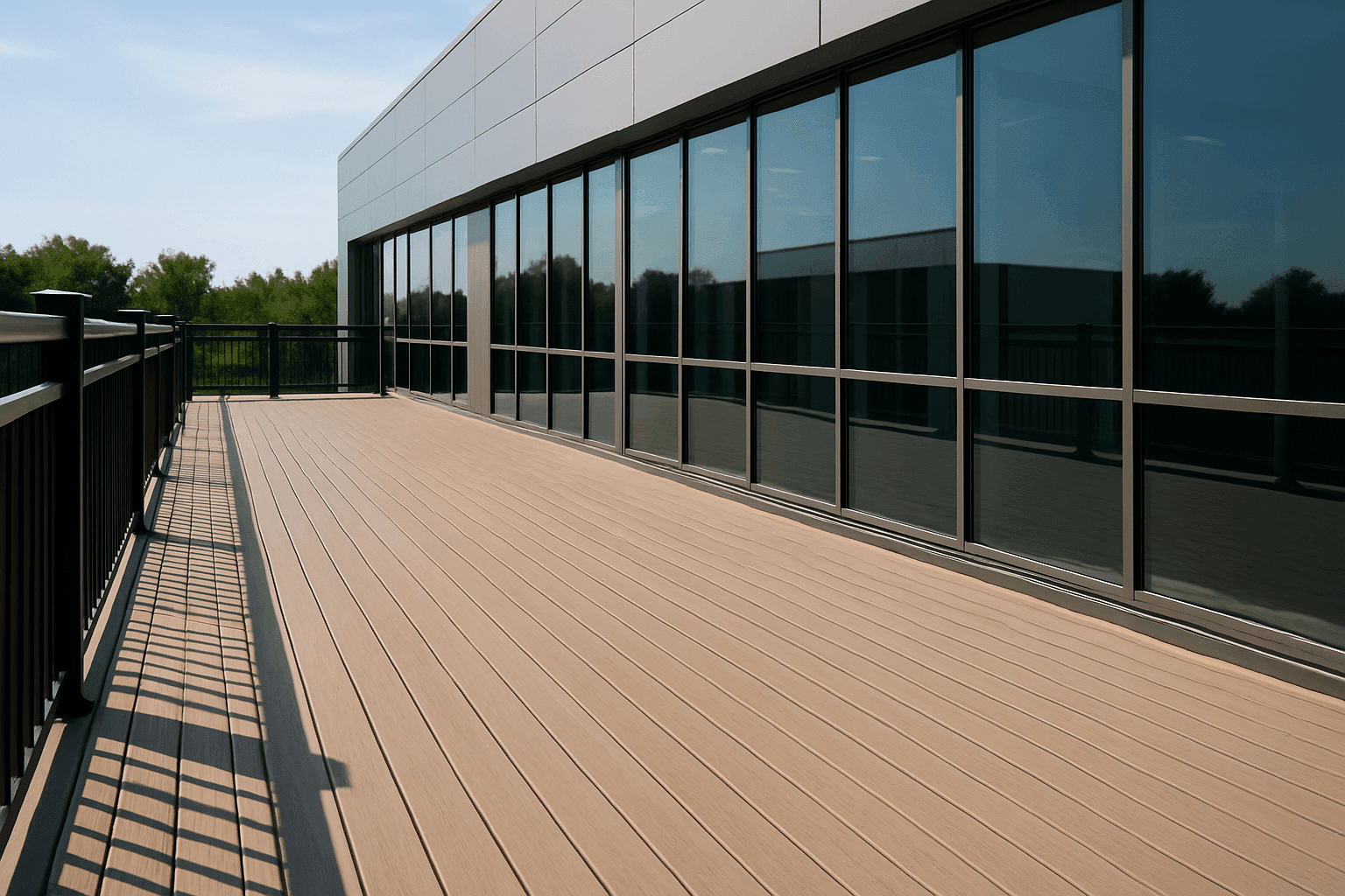 Edificio comercial moderno con gran espacio de tarima exterior