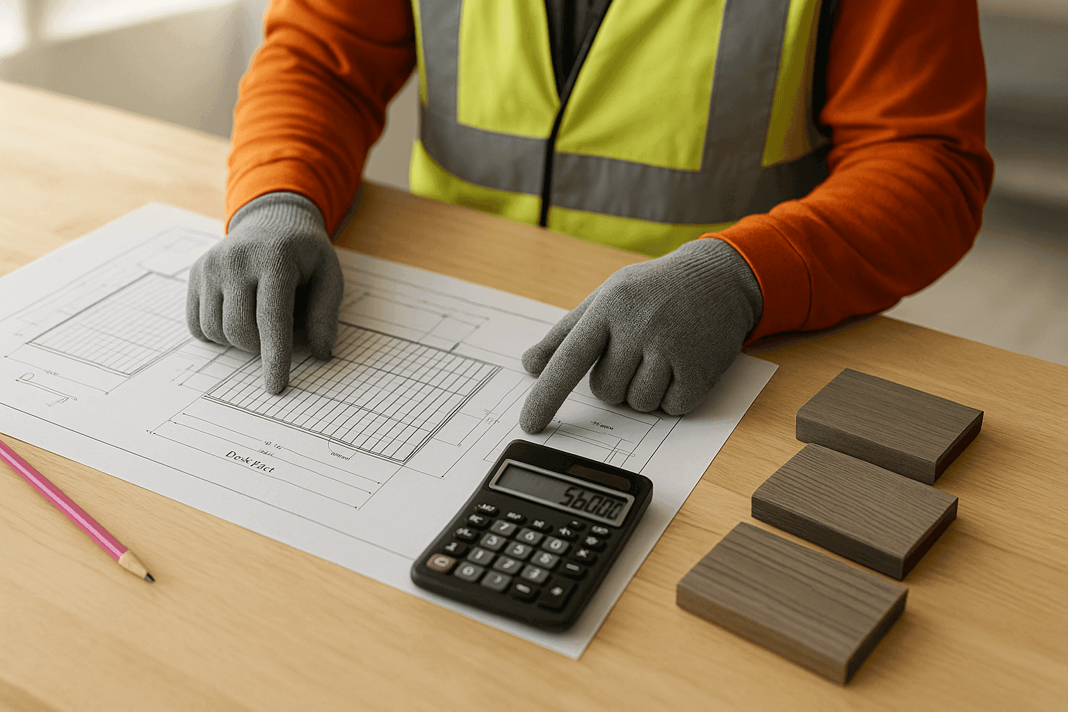 Estimando los costos de un proyecto de terraza con planos y calculadora