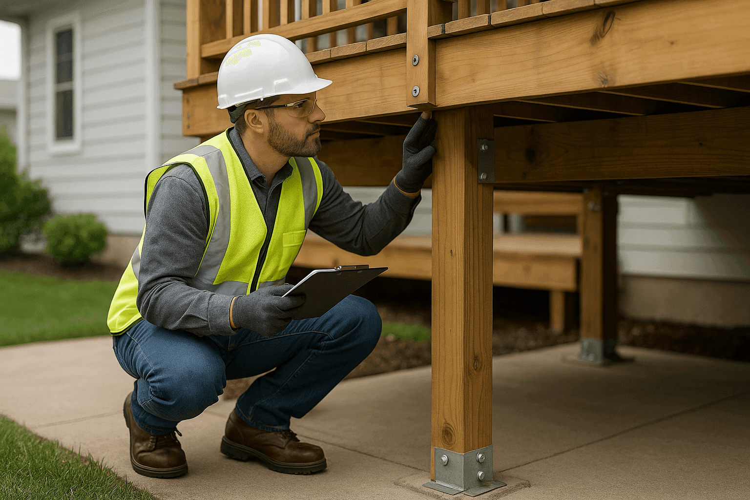 Inspector certificado examinando los postes de soporte de una terraza