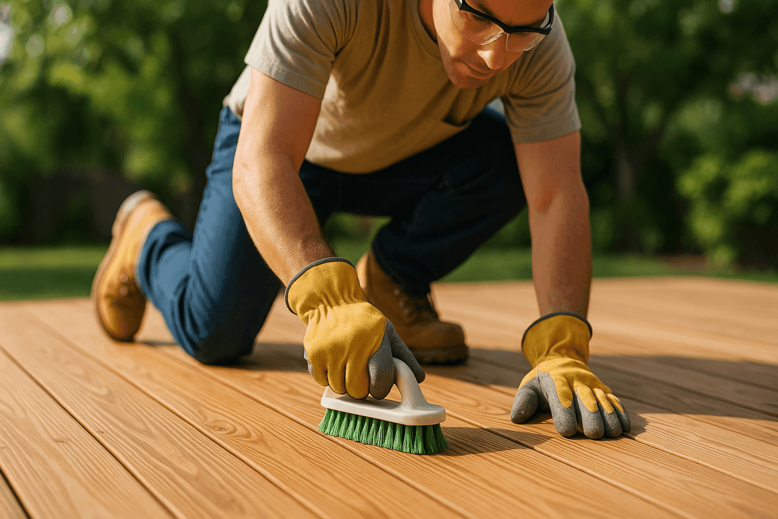 Technician cleaning and inspecting a residential deck surface