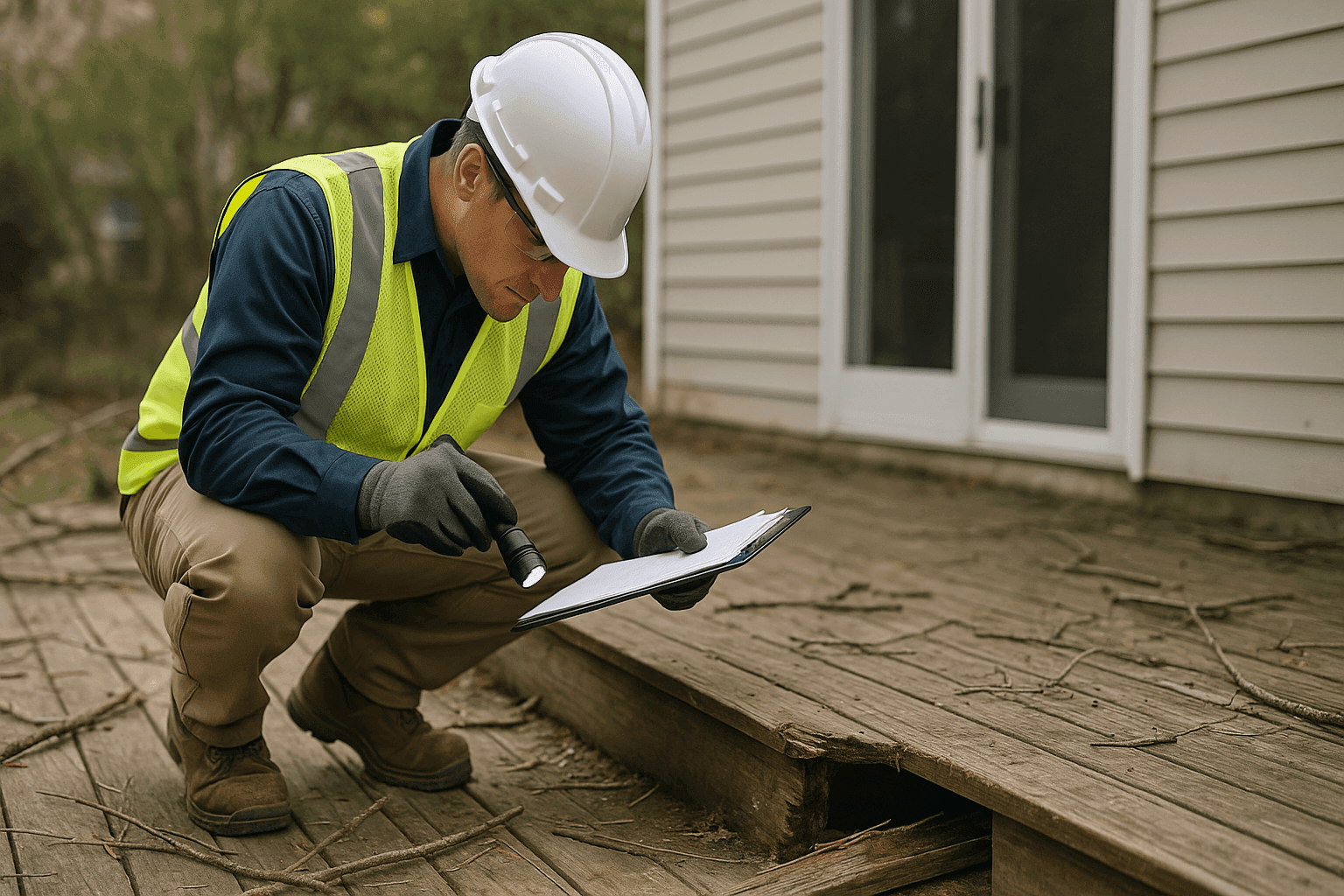 Técnico evaluando una terraza dañada por tormenta con equipo de seguridad